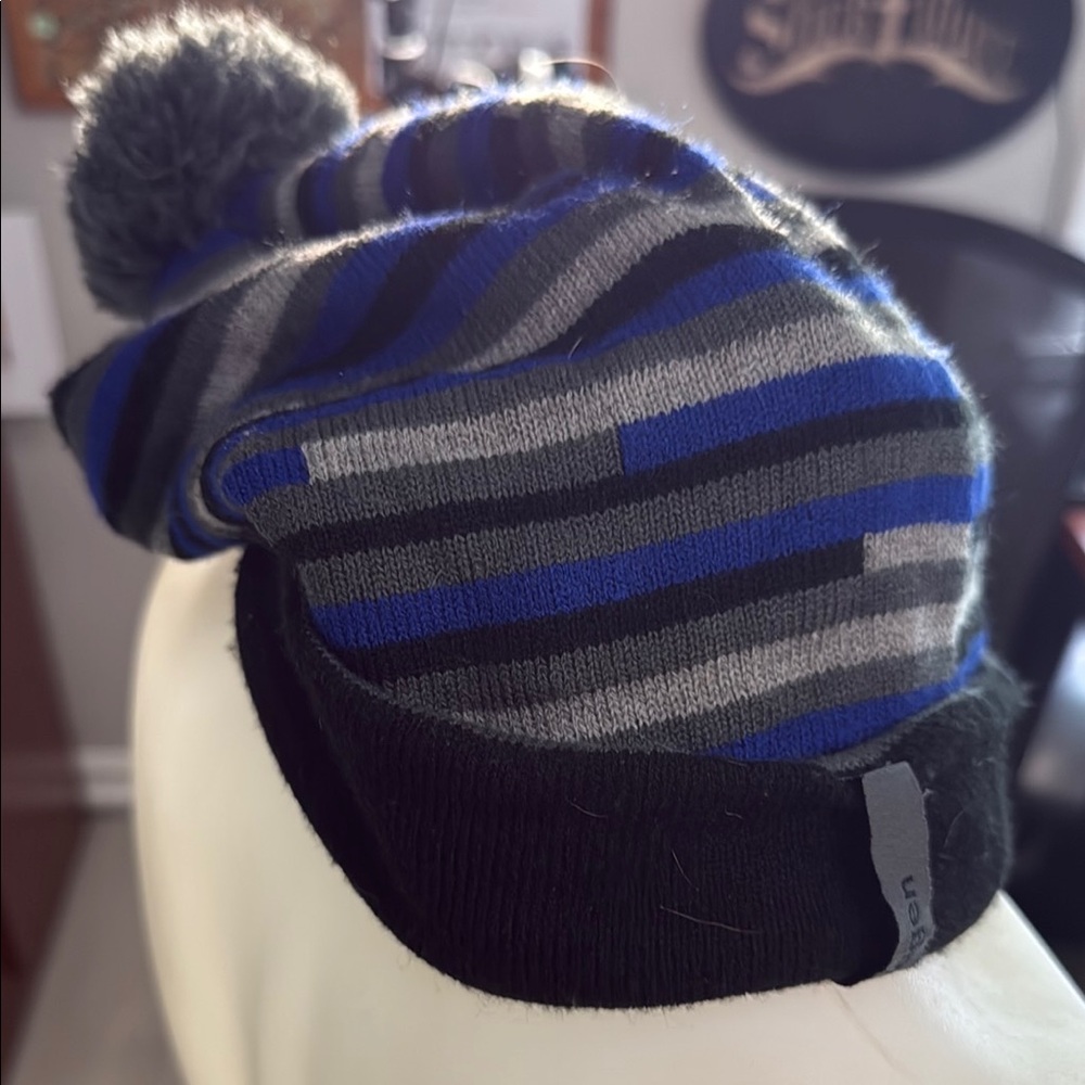 VW Striped Blue and Gray Beanie with Pom Pom
